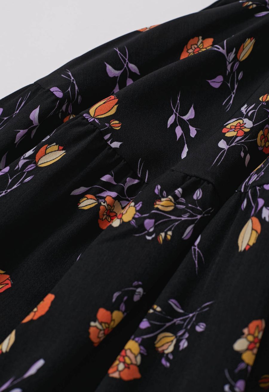 Orange Posy Printed Tie-Shoulder Shirred Dress
