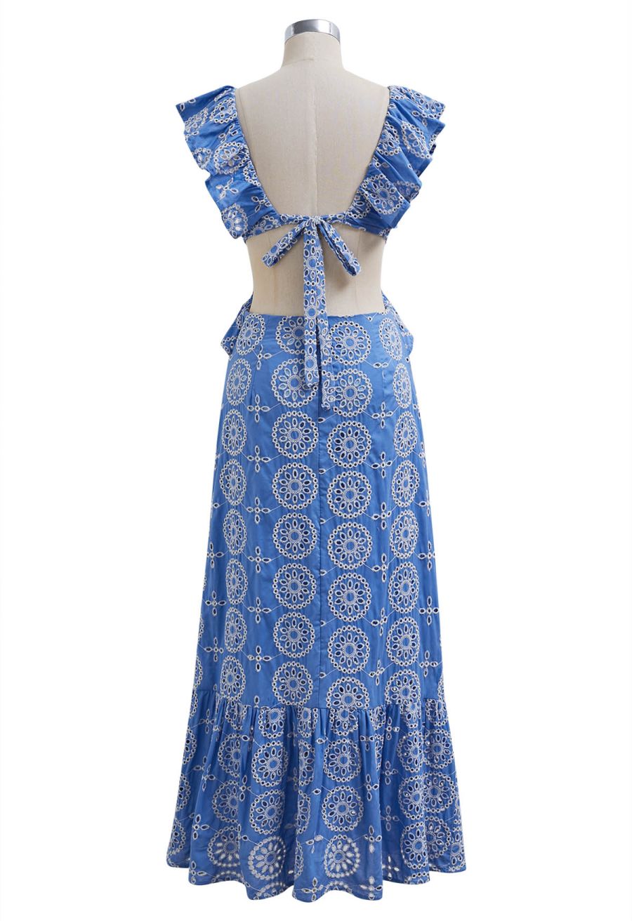 Open Back Ruffle Floral Embroidery Eyelet Maxi Dress