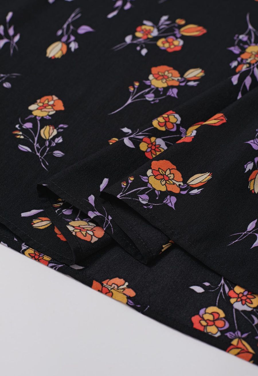 Orange Posy Printed Tie-Shoulder Shirred Dress