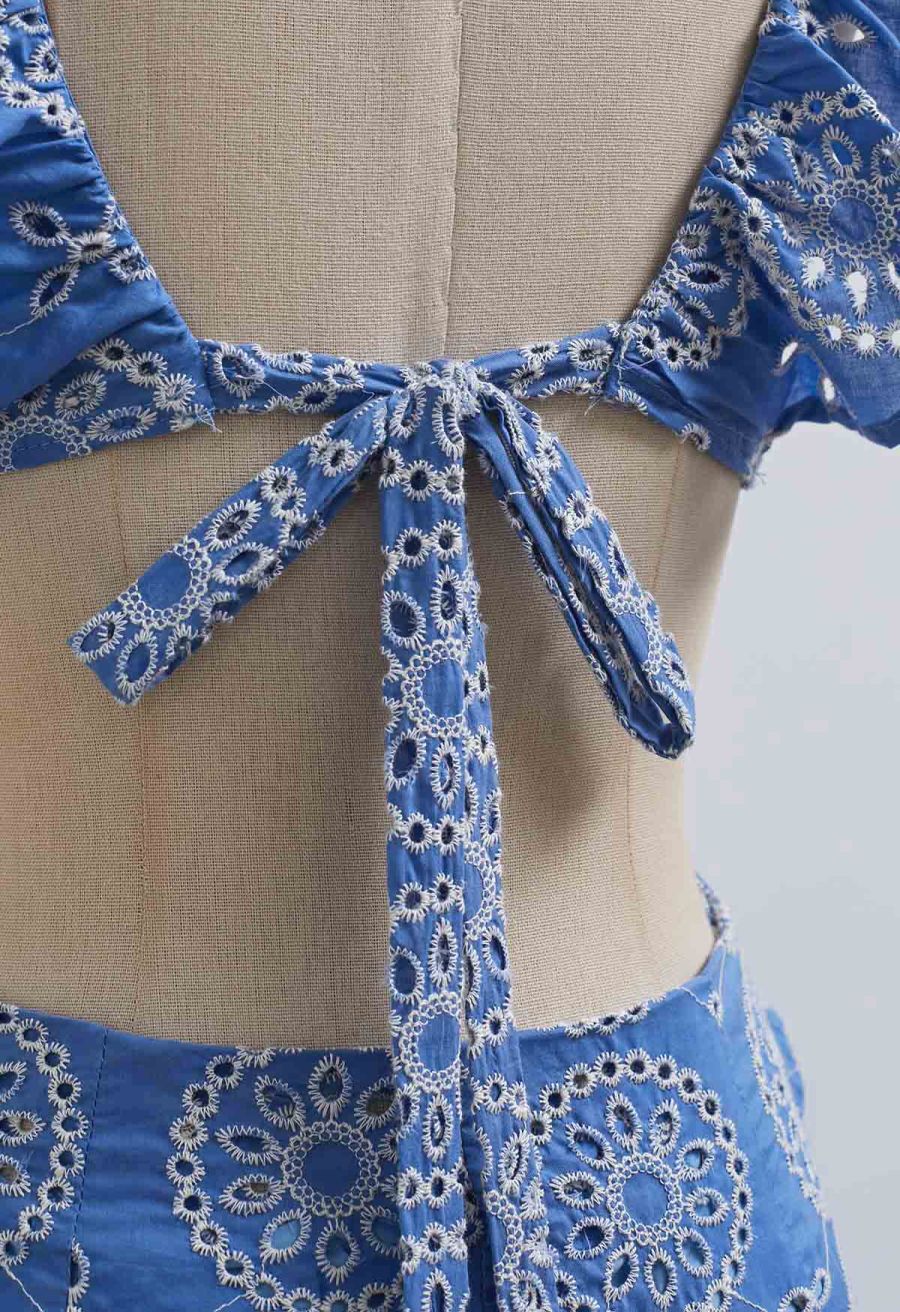 Open Back Ruffle Floral Embroidery Eyelet Maxi Dress