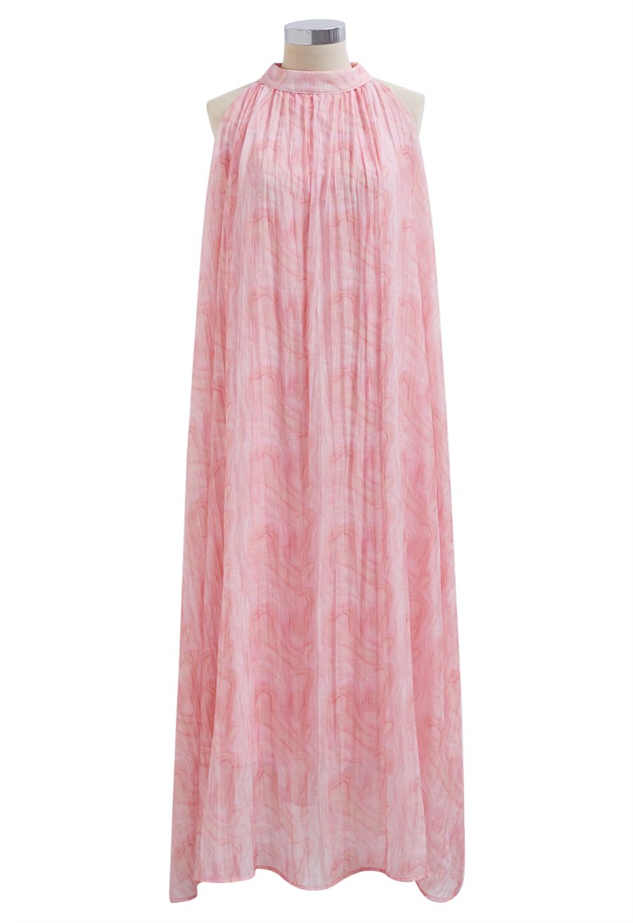 Abstract Printed Crinkled Halter Midi Dress in Pink