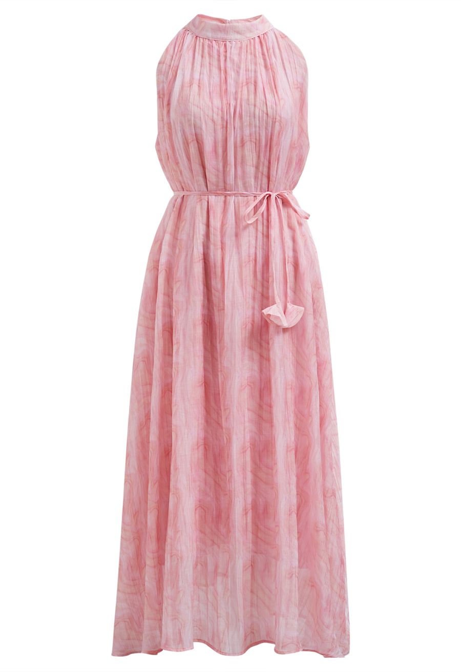 Abstract Printed Crinkled Halter Midi Dress in Pink