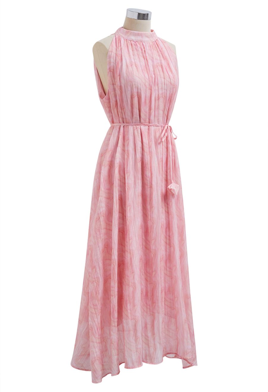 Abstract Printed Crinkled Halter Midi Dress in Pink