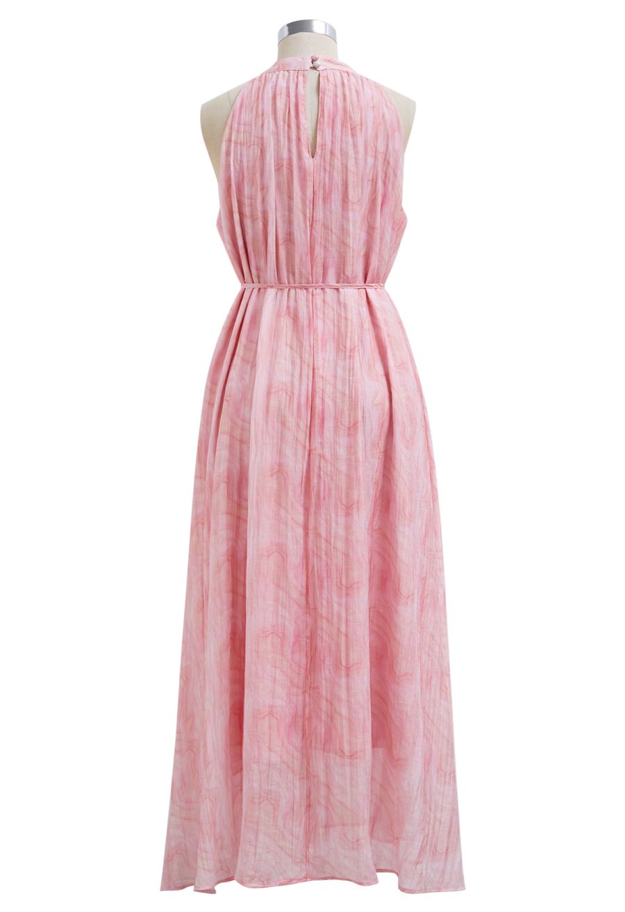 Abstract Printed Crinkled Halter Midi Dress in Pink