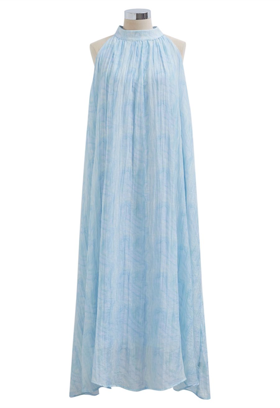 Abstract Printed Crinkled Halter Midi Dress in Light Blue
