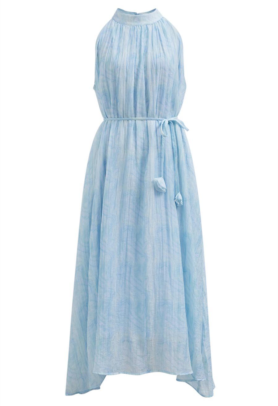 Abstract Printed Crinkled Halter Midi Dress in Light Blue