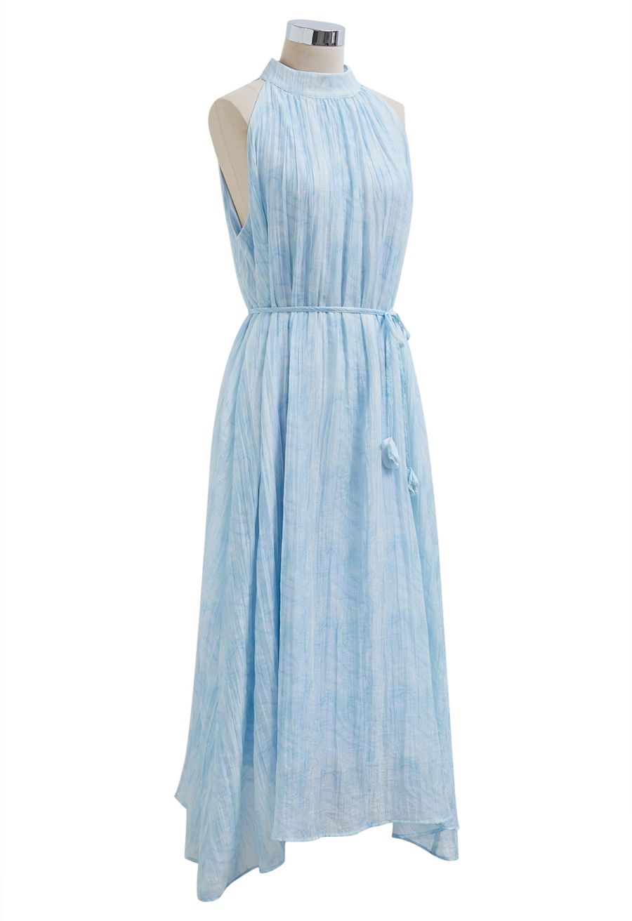 Abstract Printed Crinkled Halter Midi Dress in Light Blue