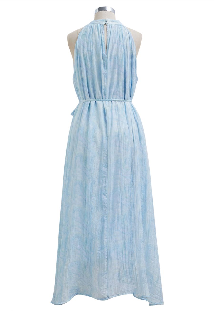 Abstract Printed Crinkled Halter Midi Dress in Light Blue