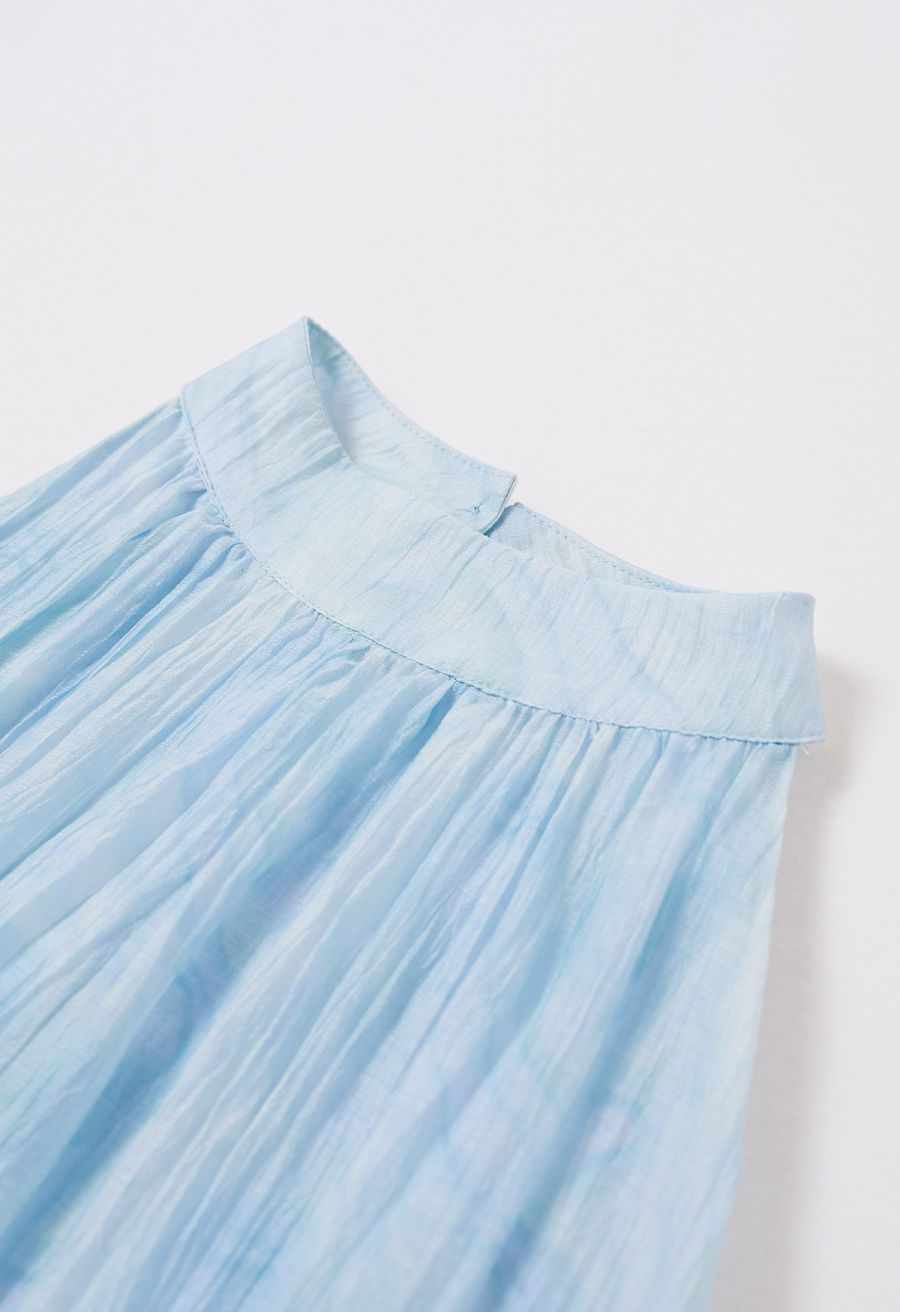 Abstract Printed Crinkled Halter Midi Dress in Light Blue