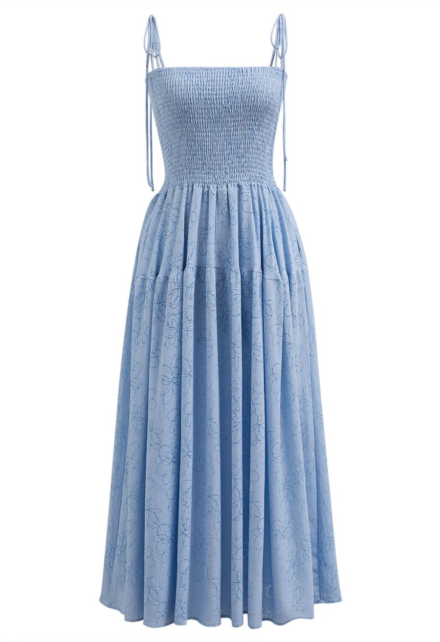 Flower Eyelet Gingham Shirred Cami Dress in Light Blue