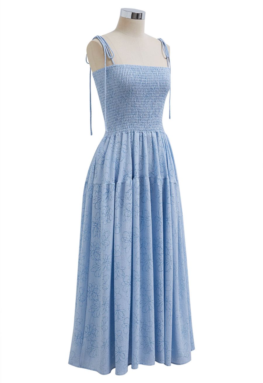 Flower Eyelet Gingham Shirred Cami Dress in Light Blue