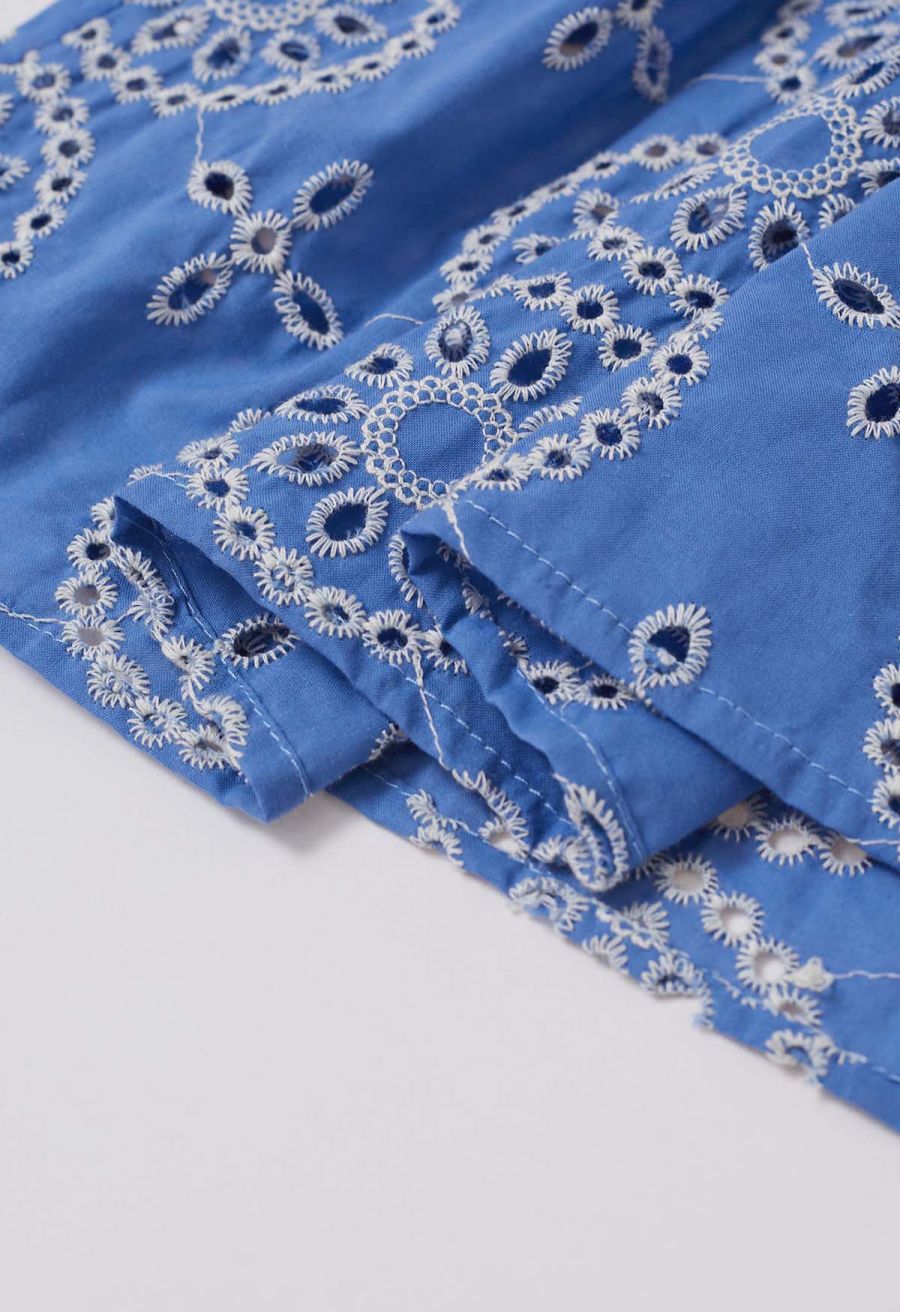 Open Back Ruffle Floral Embroidery Eyelet Maxi Dress