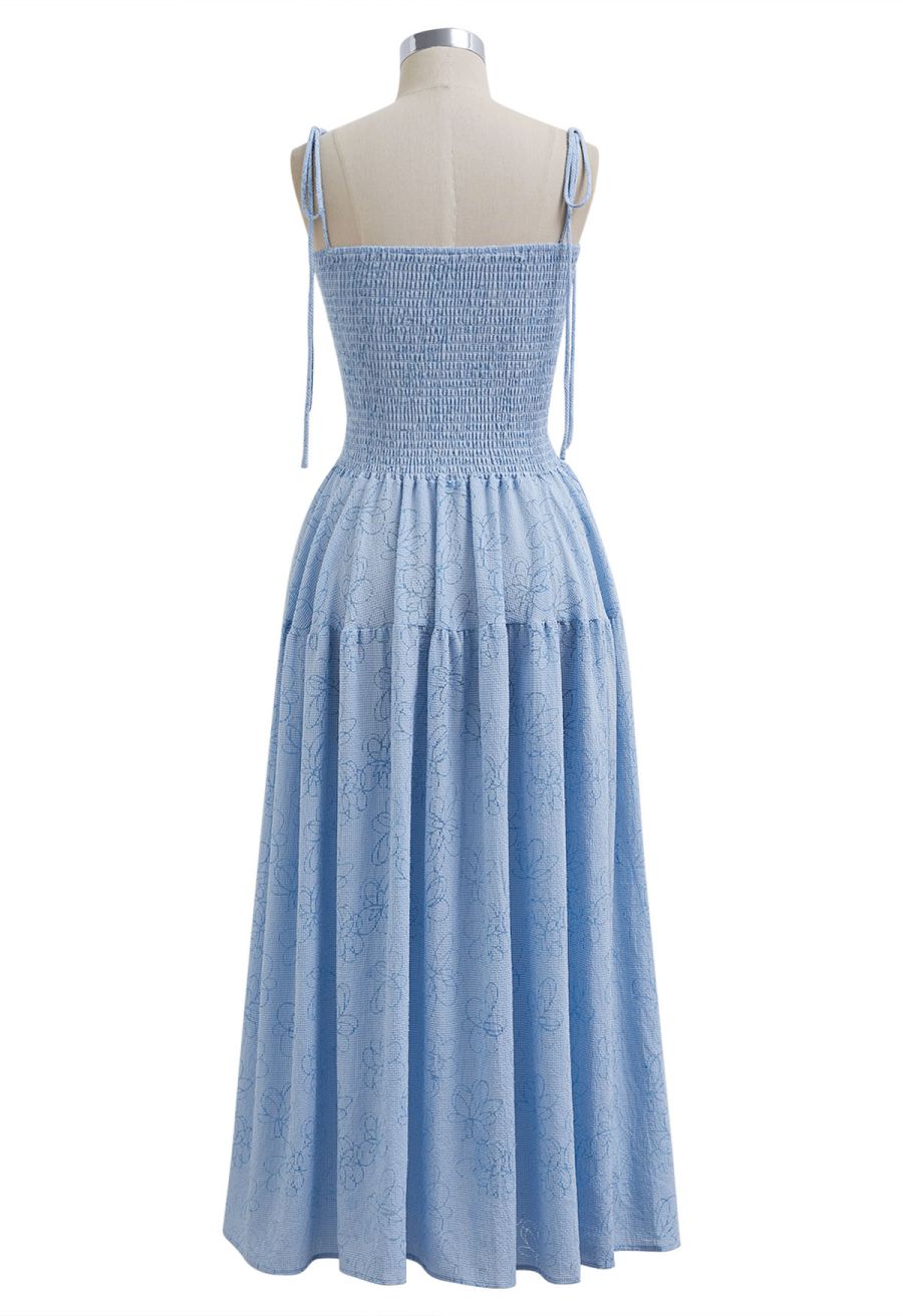 Flower Eyelet Gingham Shirred Cami Dress in Light Blue