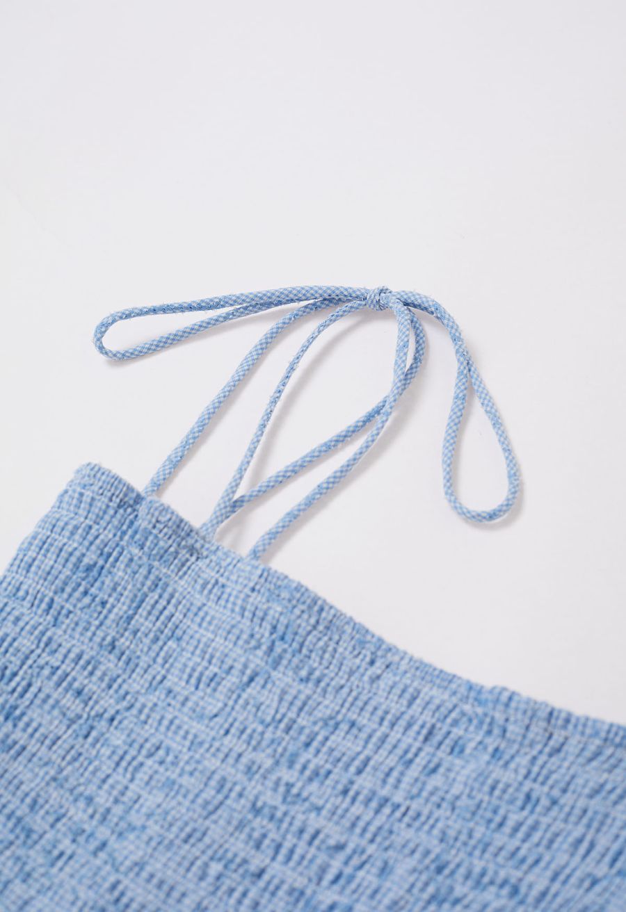 Flower Eyelet Gingham Shirred Cami Dress in Light Blue