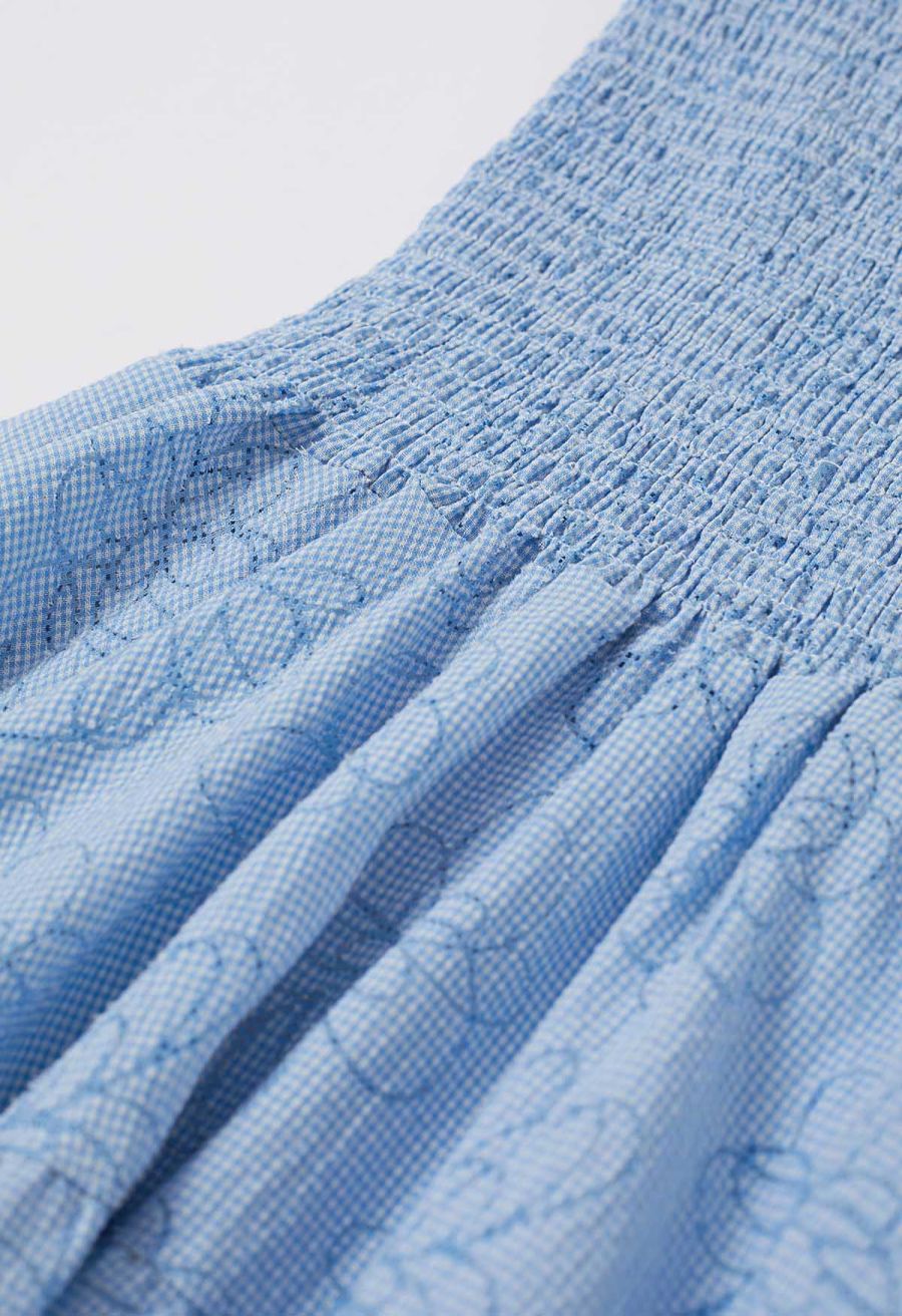 Flower Eyelet Gingham Shirred Cami Dress in Light Blue