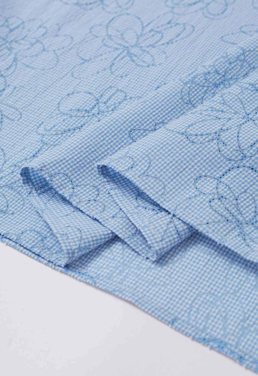 Flower Eyelet Gingham Shirred Cami Dress in Light Blue