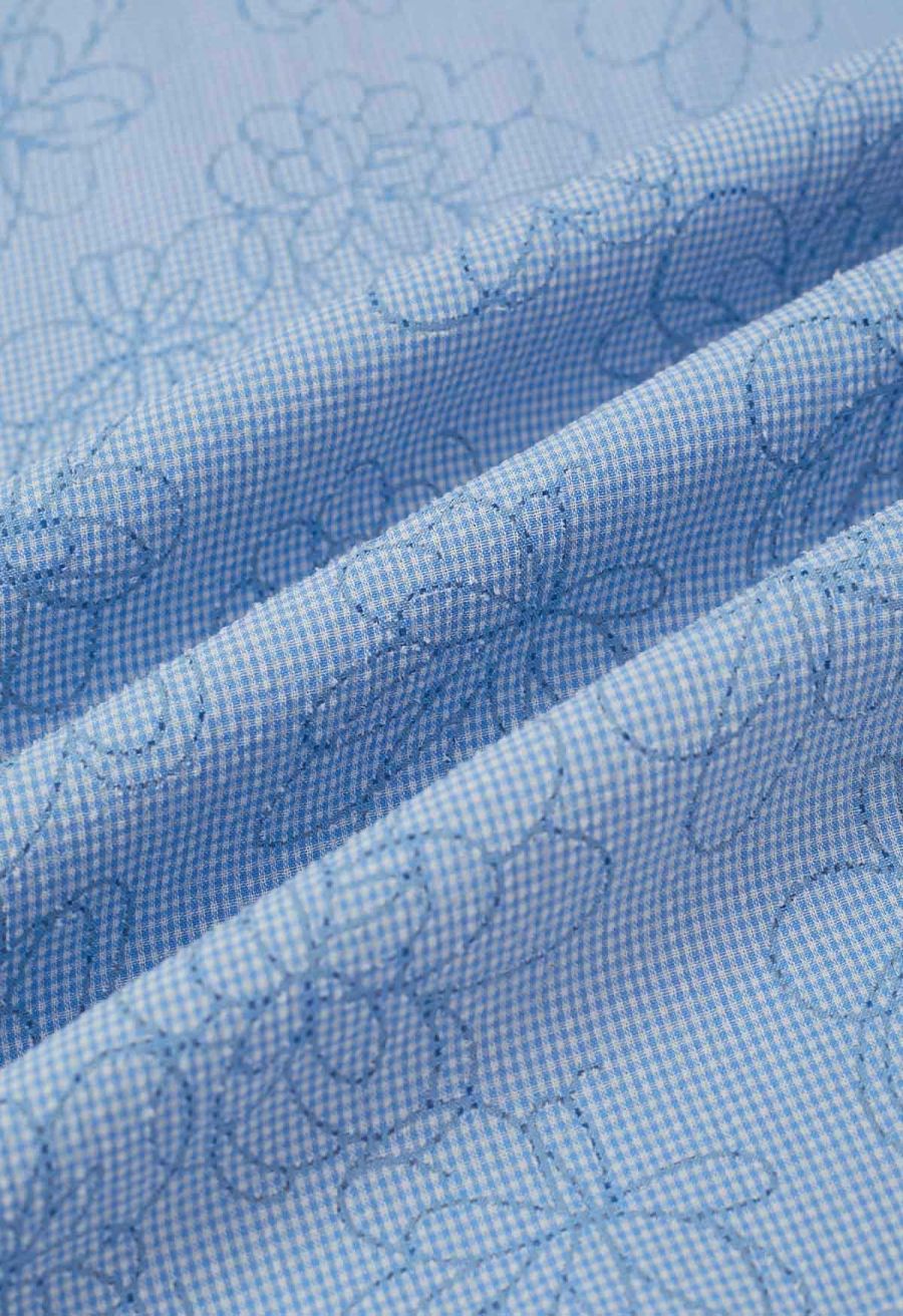 Flower Eyelet Gingham Shirred Cami Dress in Light Blue