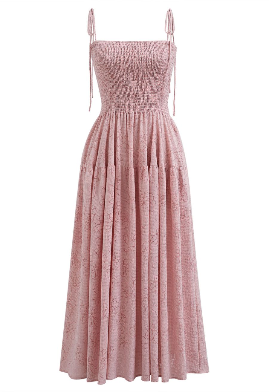 Flower Eyelet Gingham Shirred Cami Dress in Pink