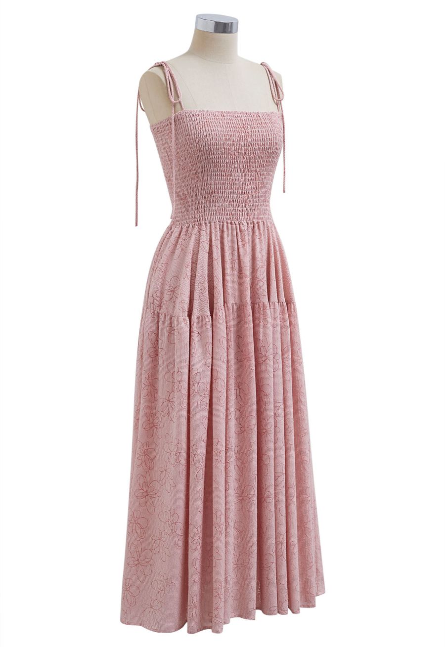 Flower Eyelet Gingham Shirred Cami Dress in Pink