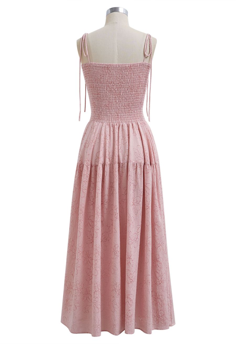 Flower Eyelet Gingham Shirred Cami Dress in Pink