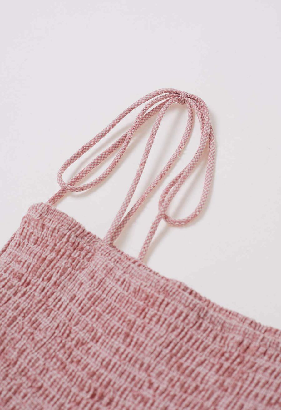 Flower Eyelet Gingham Shirred Cami Dress in Pink