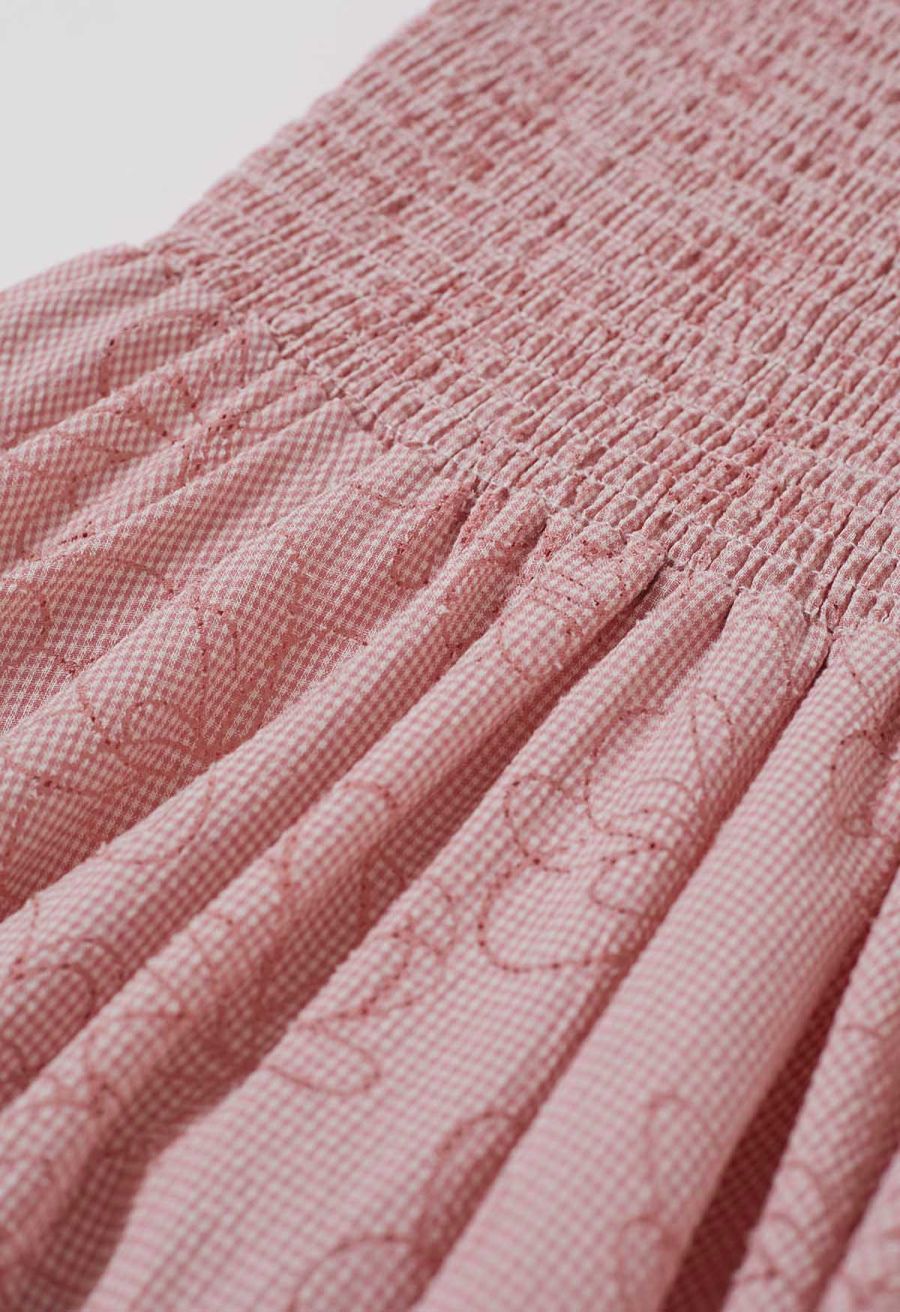 Flower Eyelet Gingham Shirred Cami Dress in Pink
