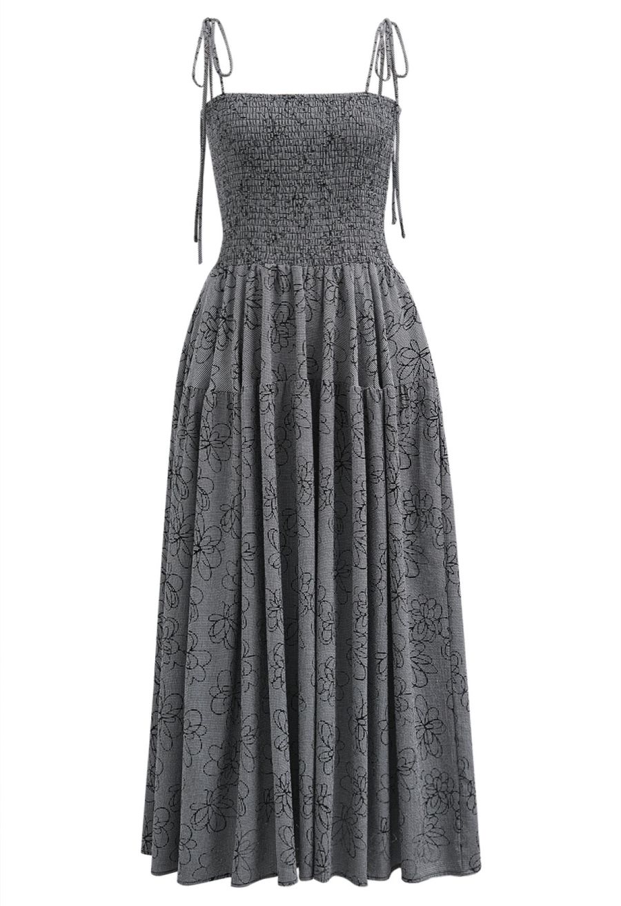Flower Eyelet Gingham Shirred Cami Dress in Smoke