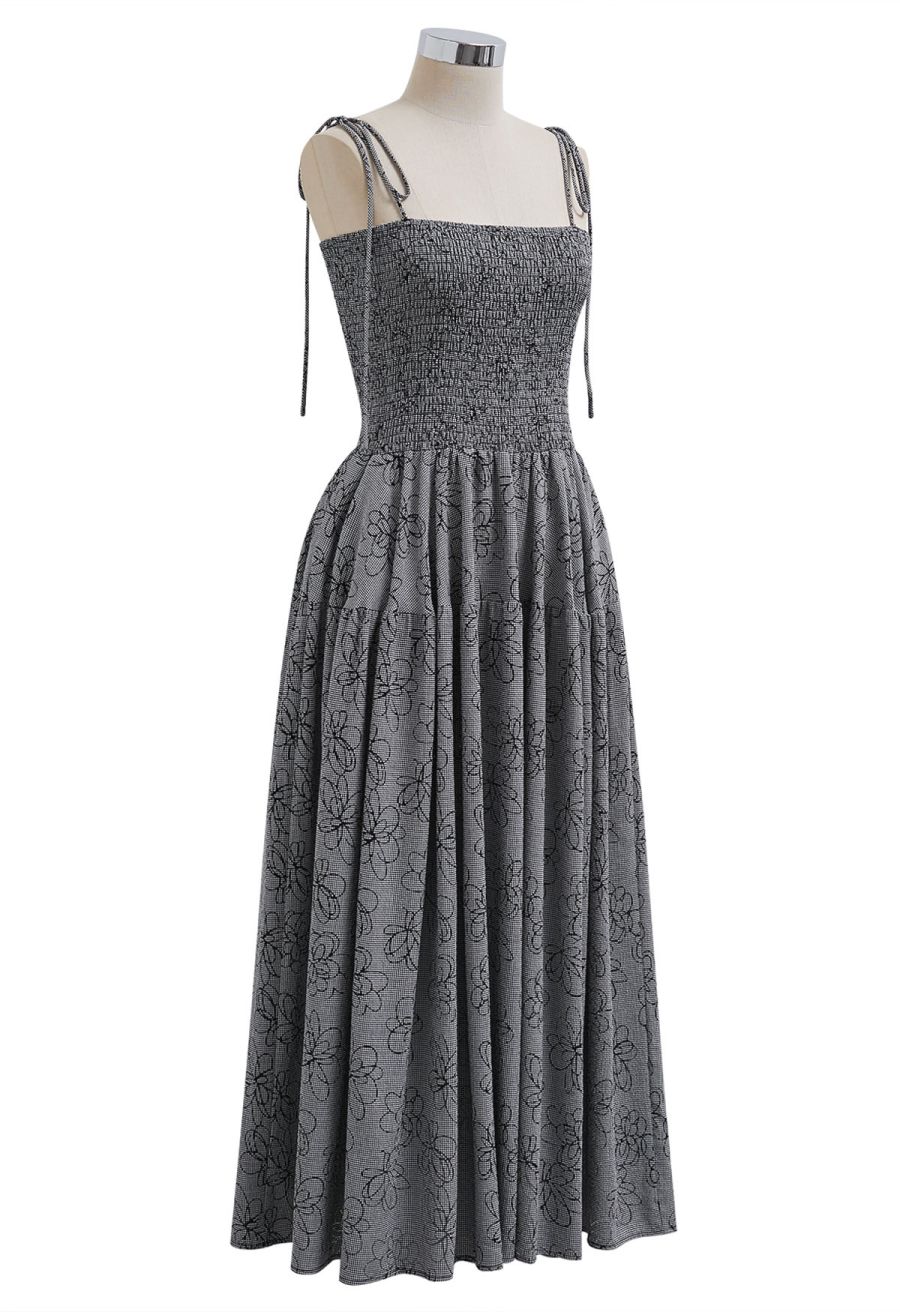 Flower Eyelet Gingham Shirred Cami Dress in Smoke