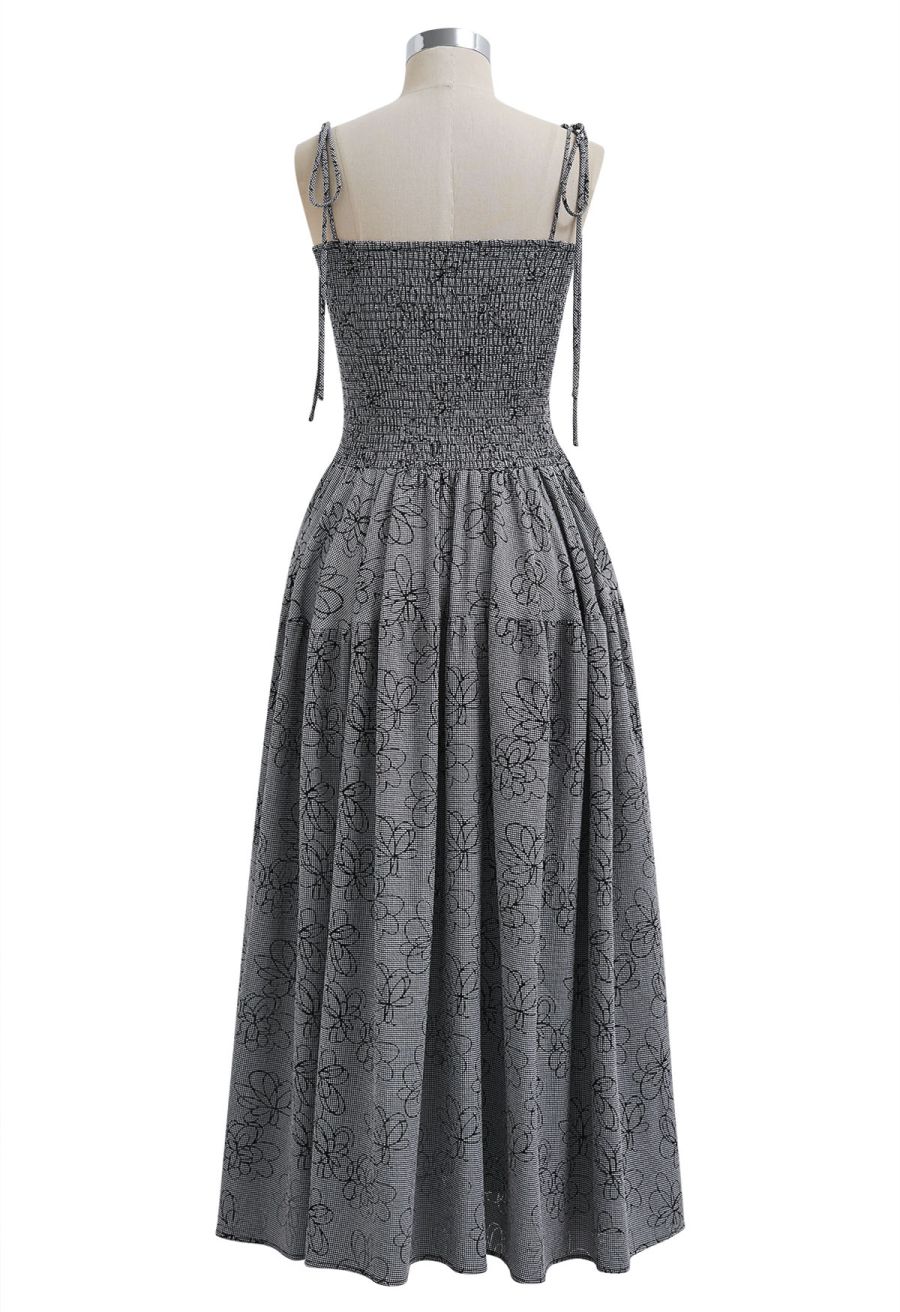 Flower Eyelet Gingham Shirred Cami Dress in Smoke