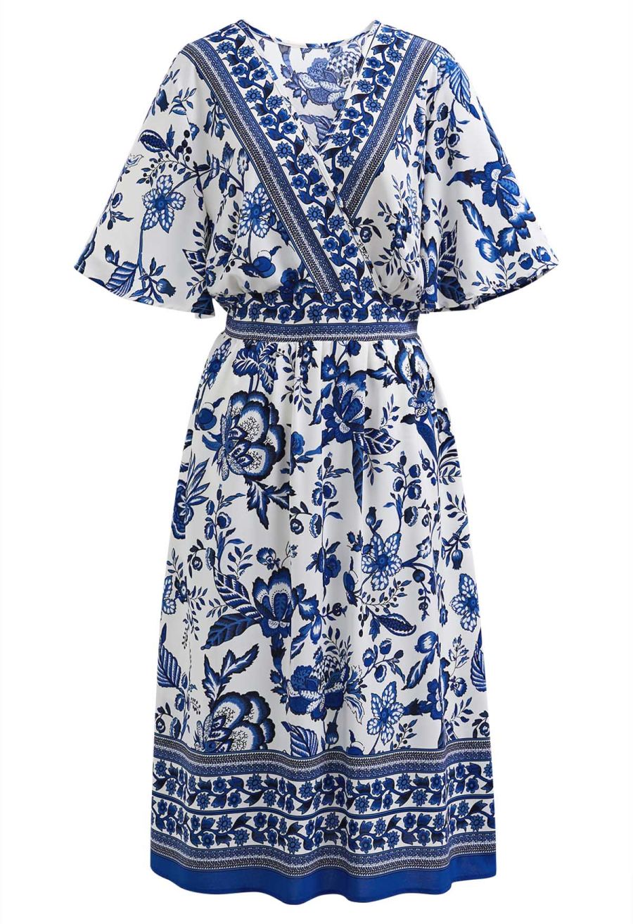 Navy Floral Faux-Wrap Flutter Sleeve Midi Dress