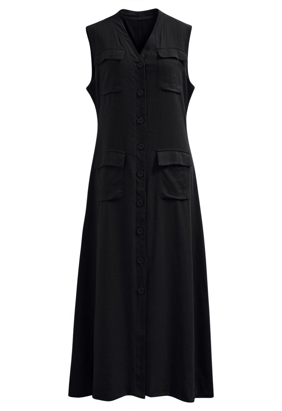 Flap Pocket Button Down Sleeveless Maxi Dress in Black
