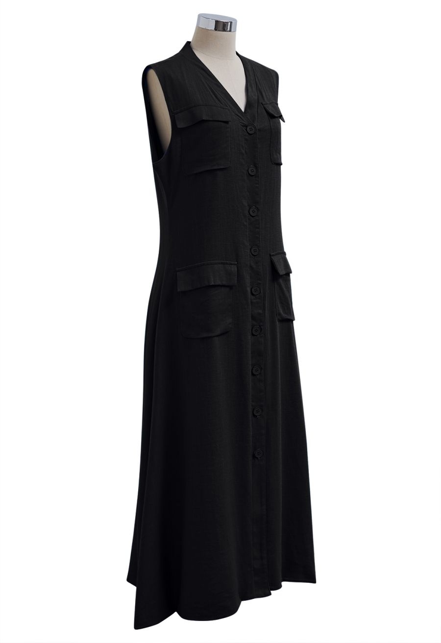 Flap Pocket Button Down Sleeveless Maxi Dress in Black