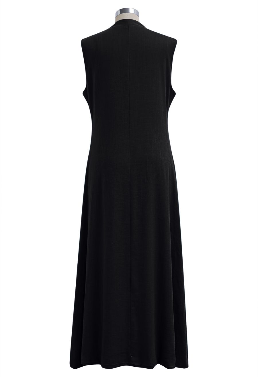 Flap Pocket Button Down Sleeveless Maxi Dress in Black