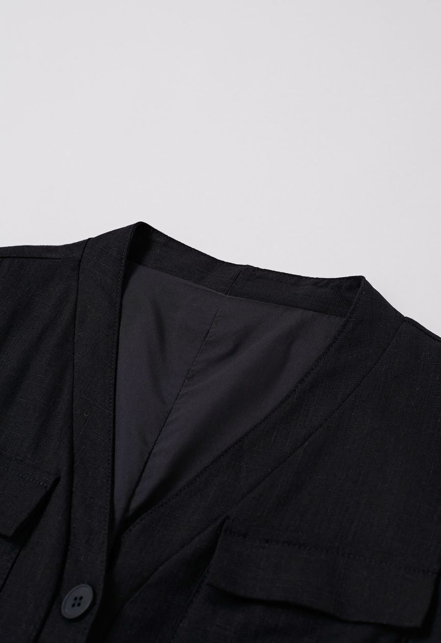 Flap Pocket Button Down Sleeveless Maxi Dress in Black