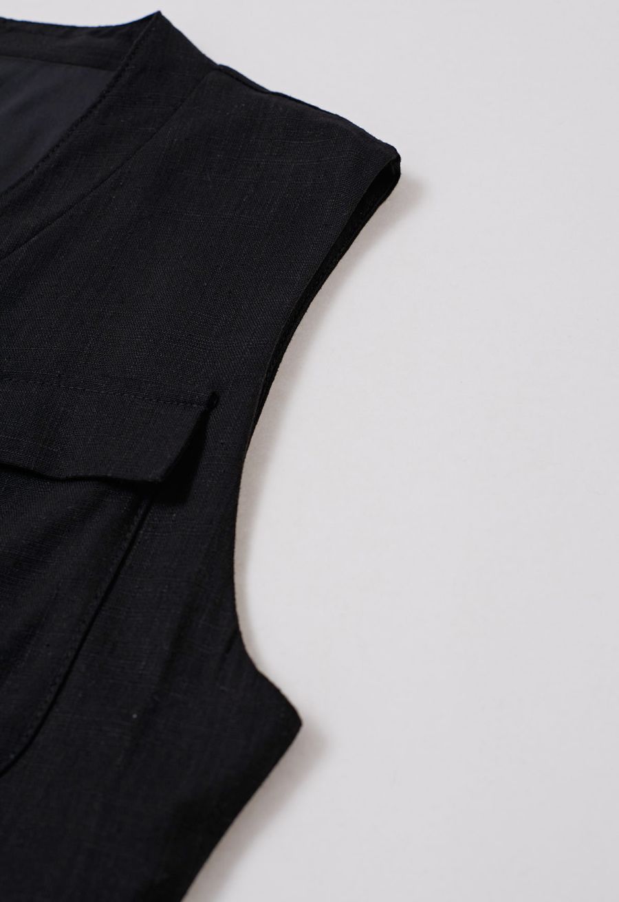 Flap Pocket Button Down Sleeveless Maxi Dress in Black