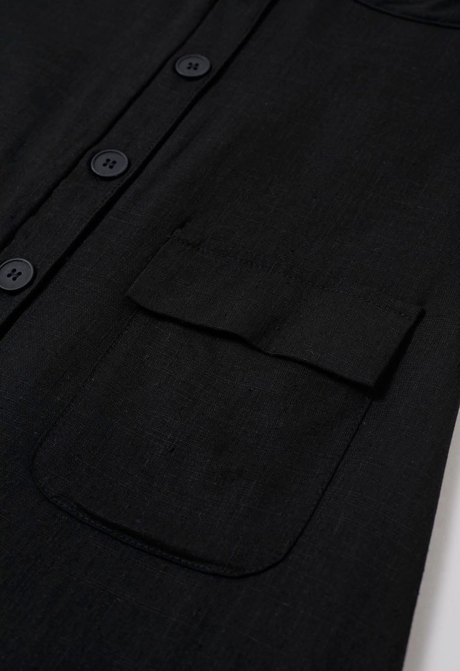 Flap Pocket Button Down Sleeveless Maxi Dress in Black