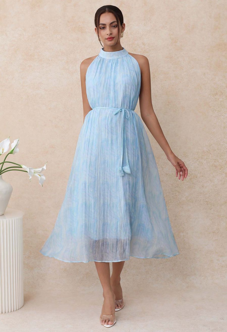 Abstract Printed Crinkled Halter Midi Dress in Light Blue