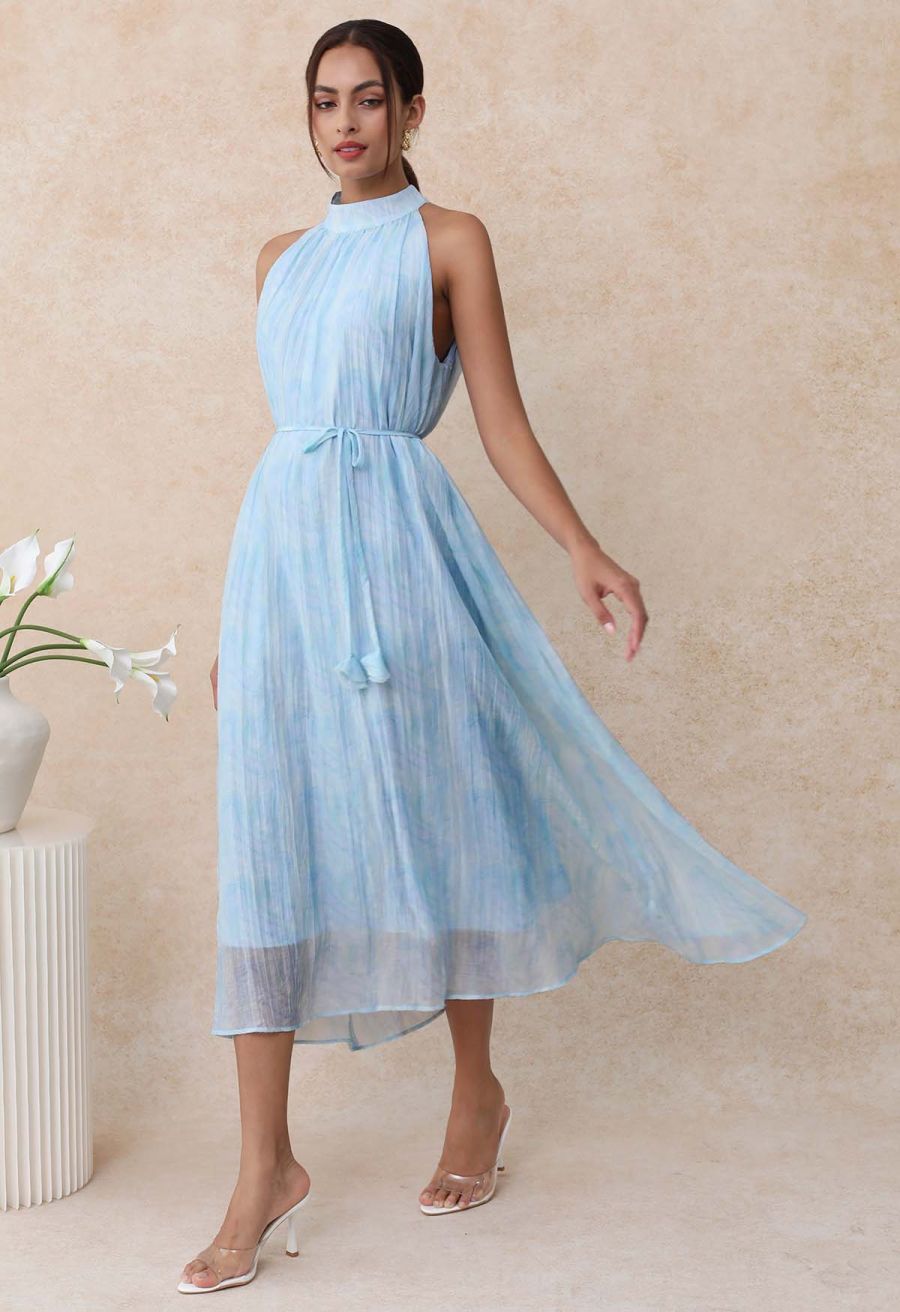 Abstract Printed Crinkled Halter Midi Dress in Light Blue