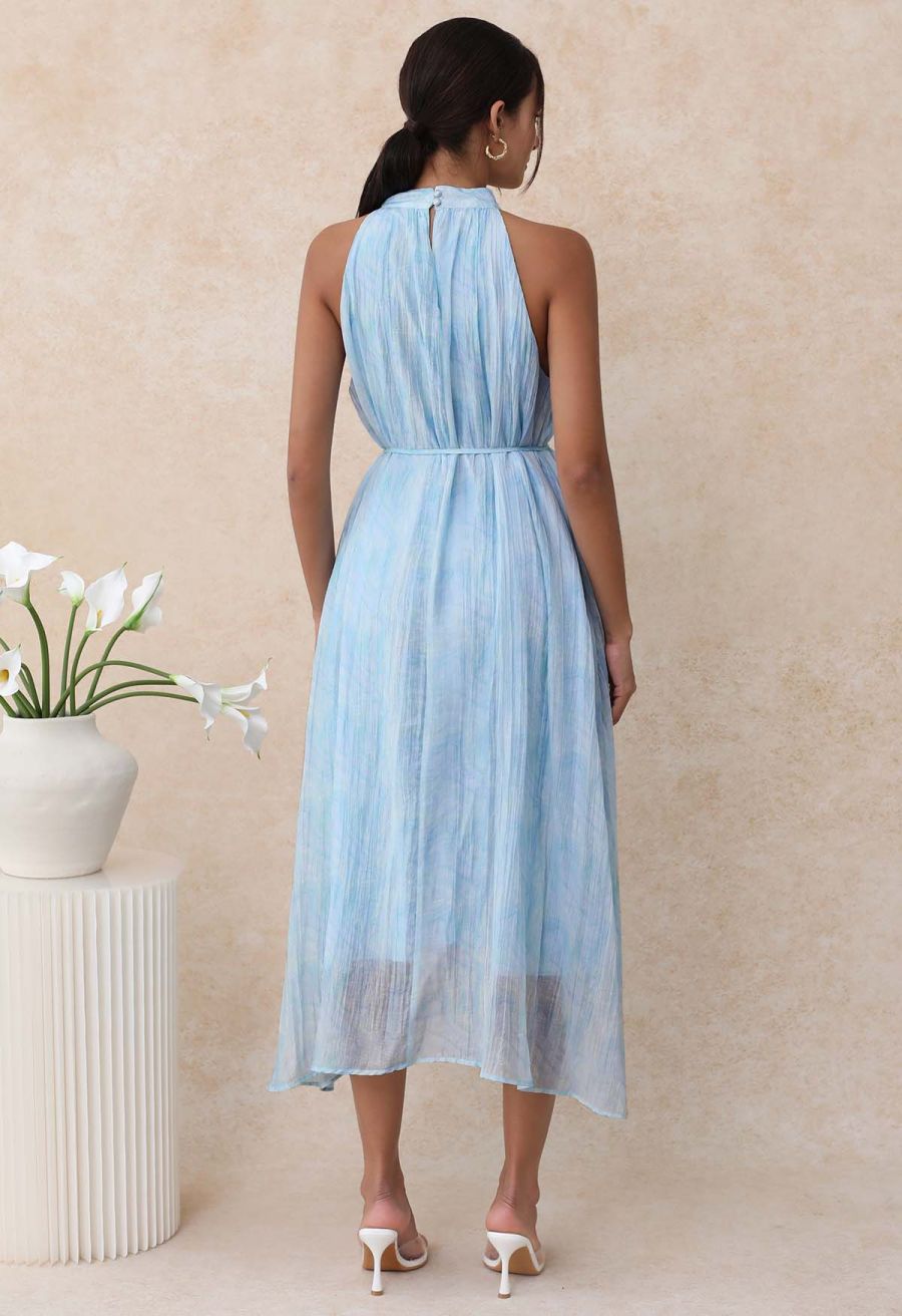 Abstract Printed Crinkled Halter Midi Dress in Light Blue
