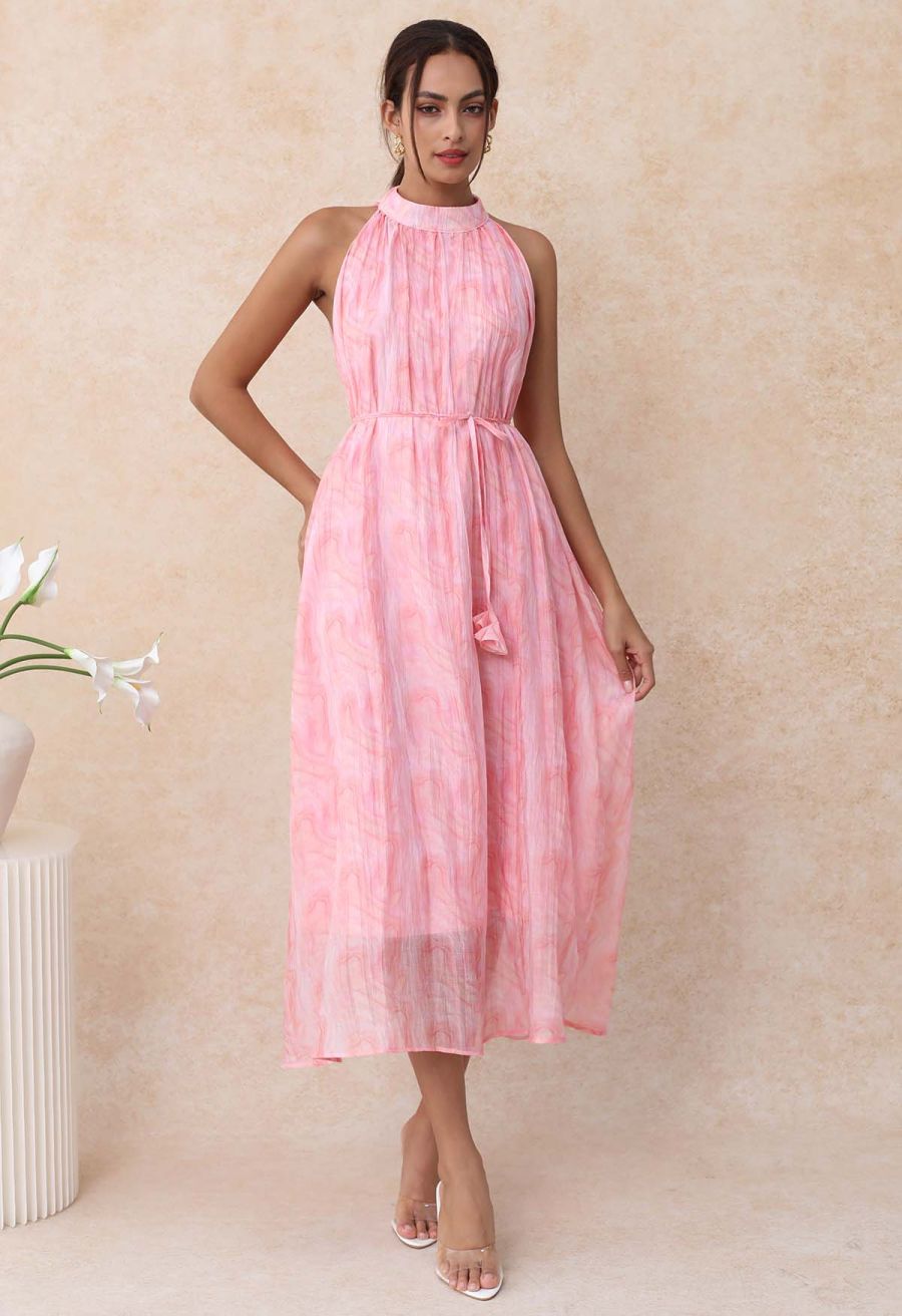 Abstract Printed Crinkled Halter Midi Dress in Pink