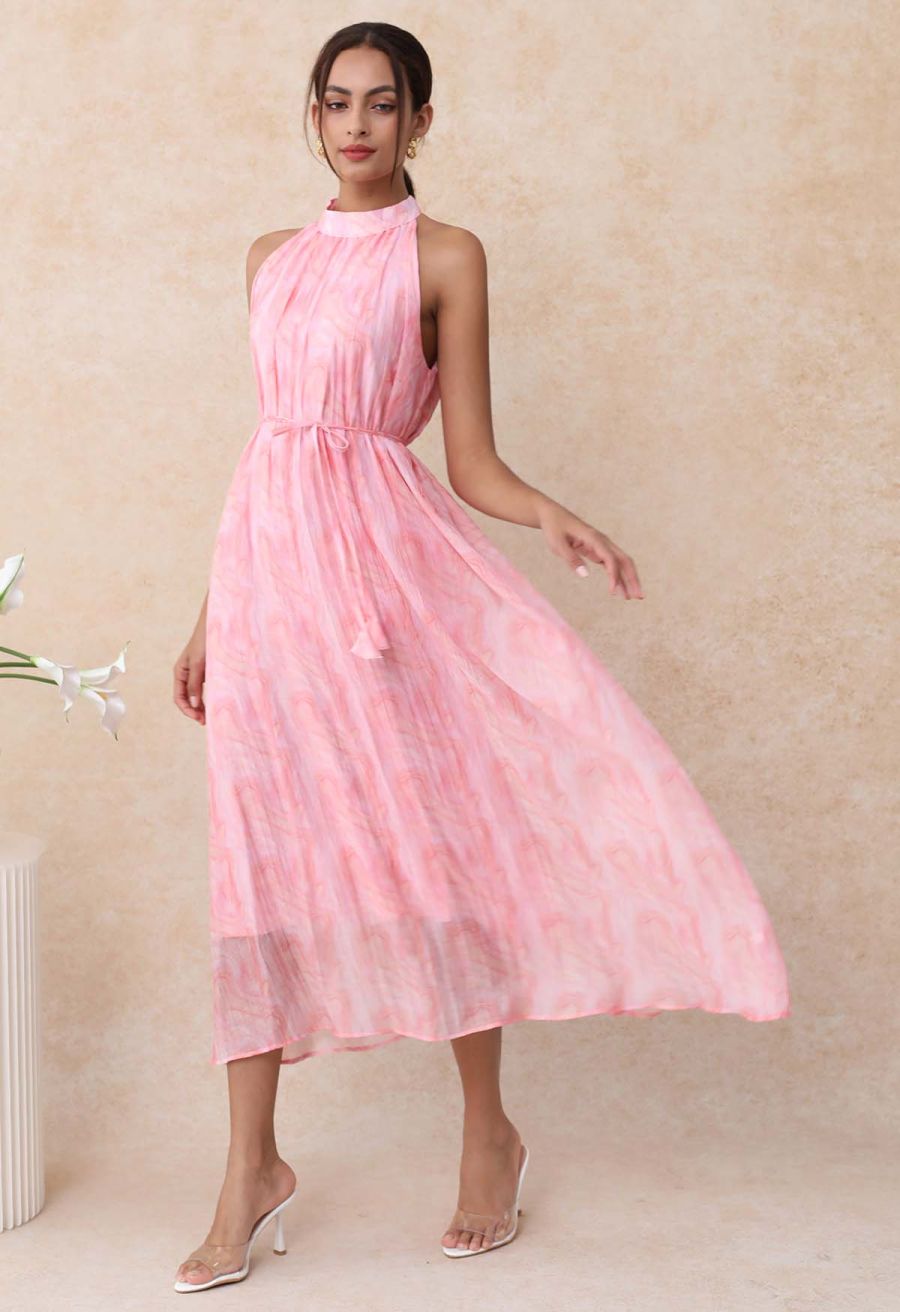 Abstract Printed Crinkled Halter Midi Dress in Pink
