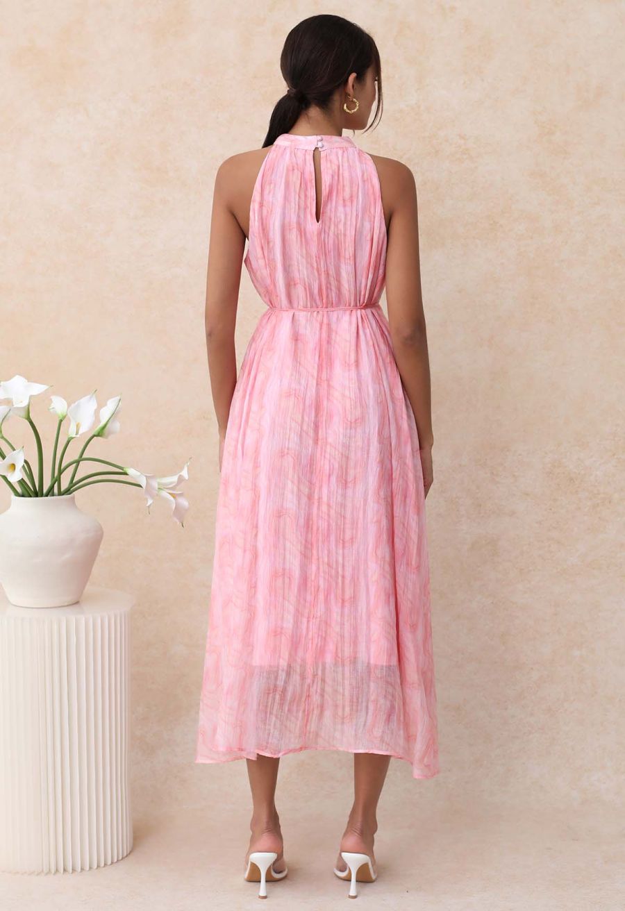 Abstract Printed Crinkled Halter Midi Dress in Pink