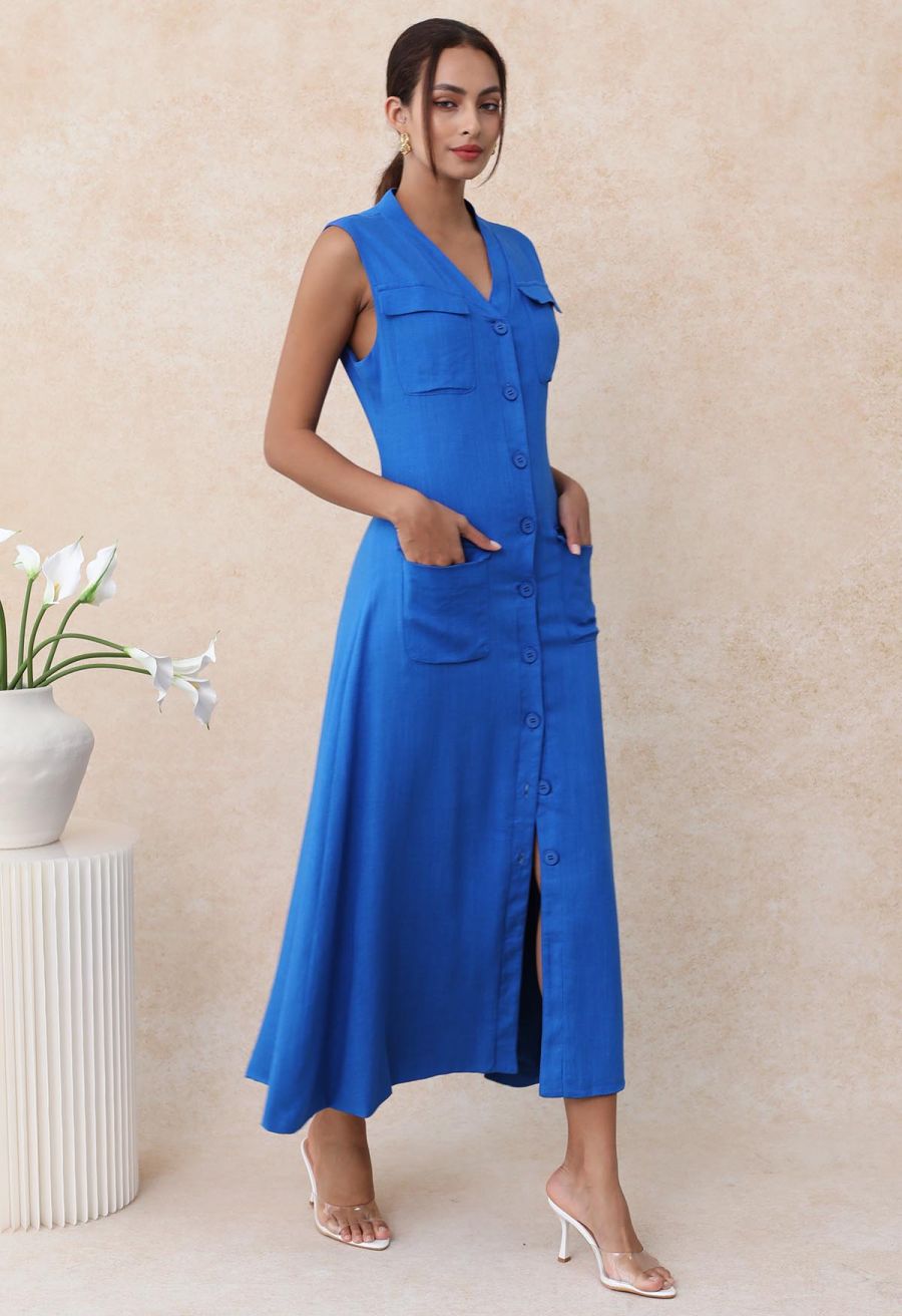 Flap Pocket Button Down Sleeveless Maxi Dress in Indigo