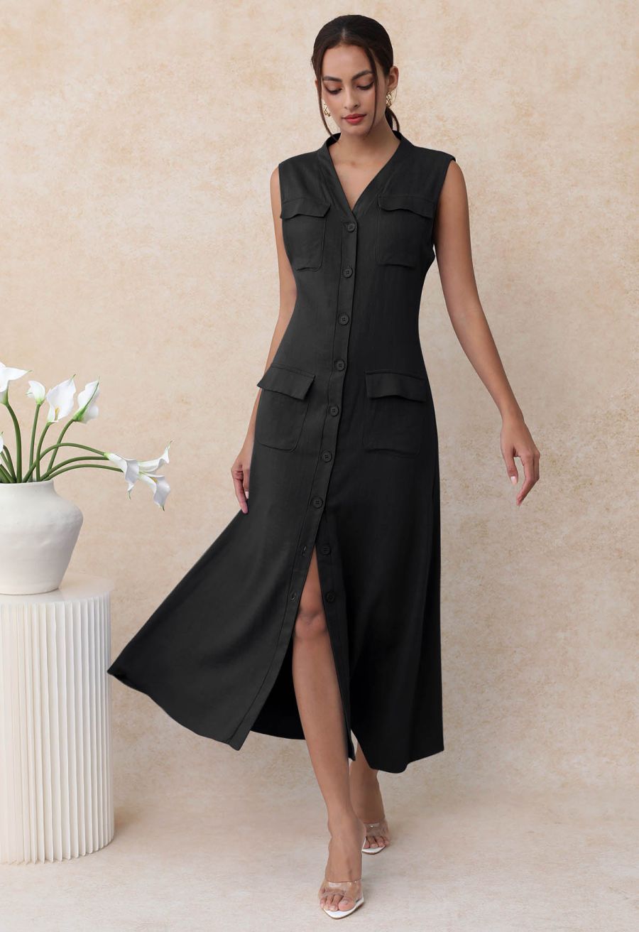 Flap Pocket Button Down Sleeveless Maxi Dress in Black