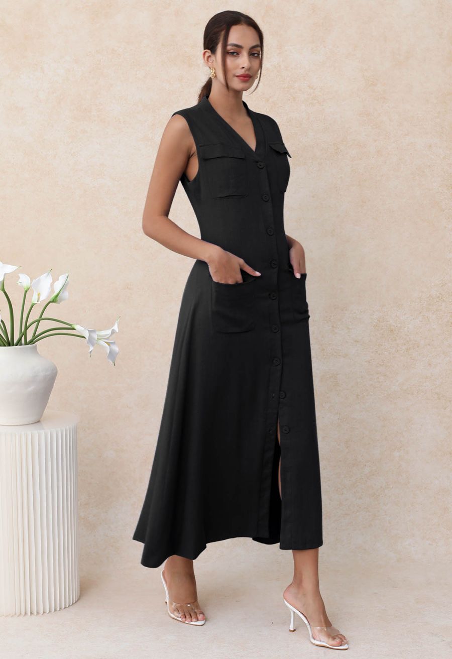 Flap Pocket Button Down Sleeveless Maxi Dress in Black