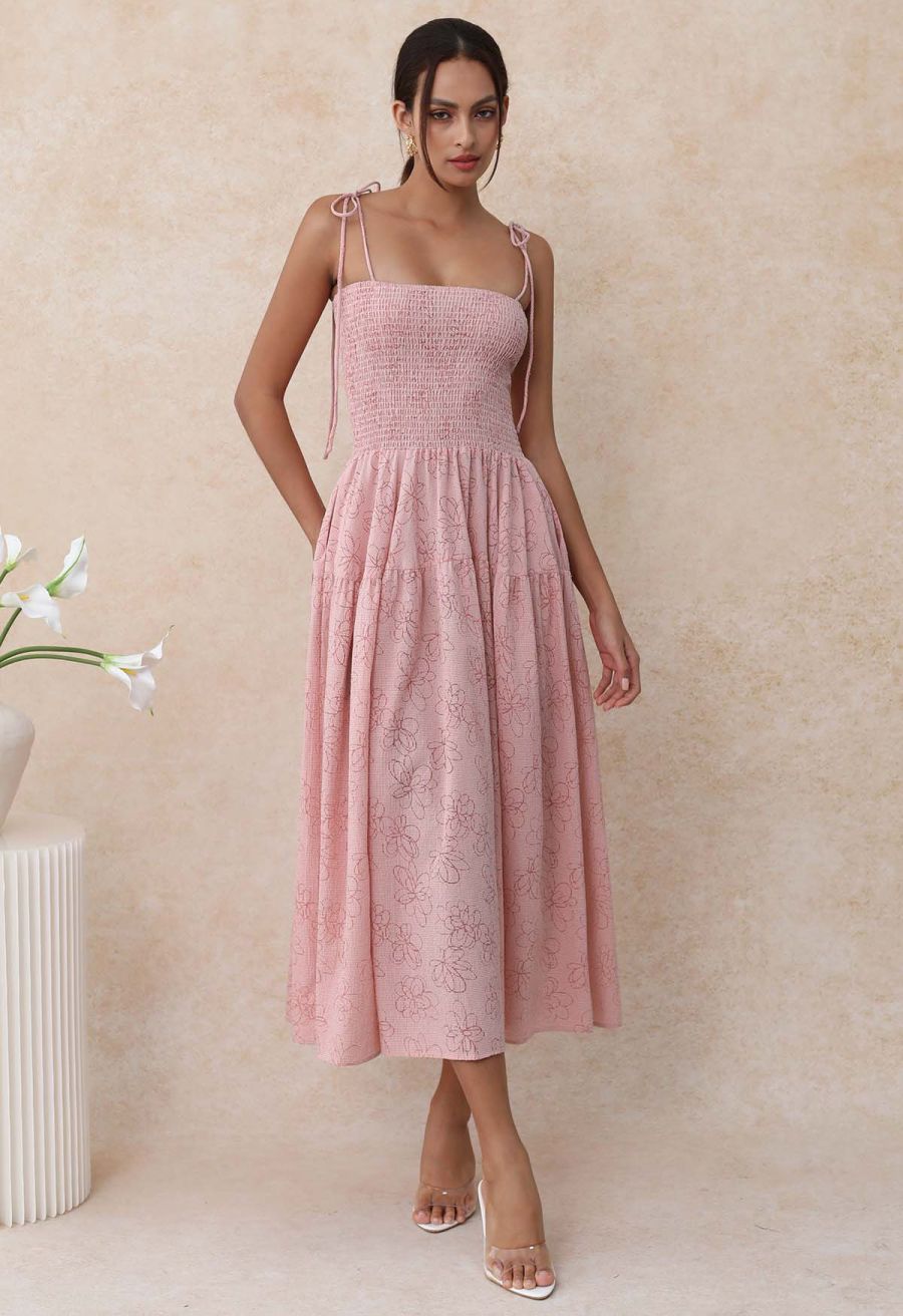 Flower Eyelet Gingham Shirred Cami Dress in Pink