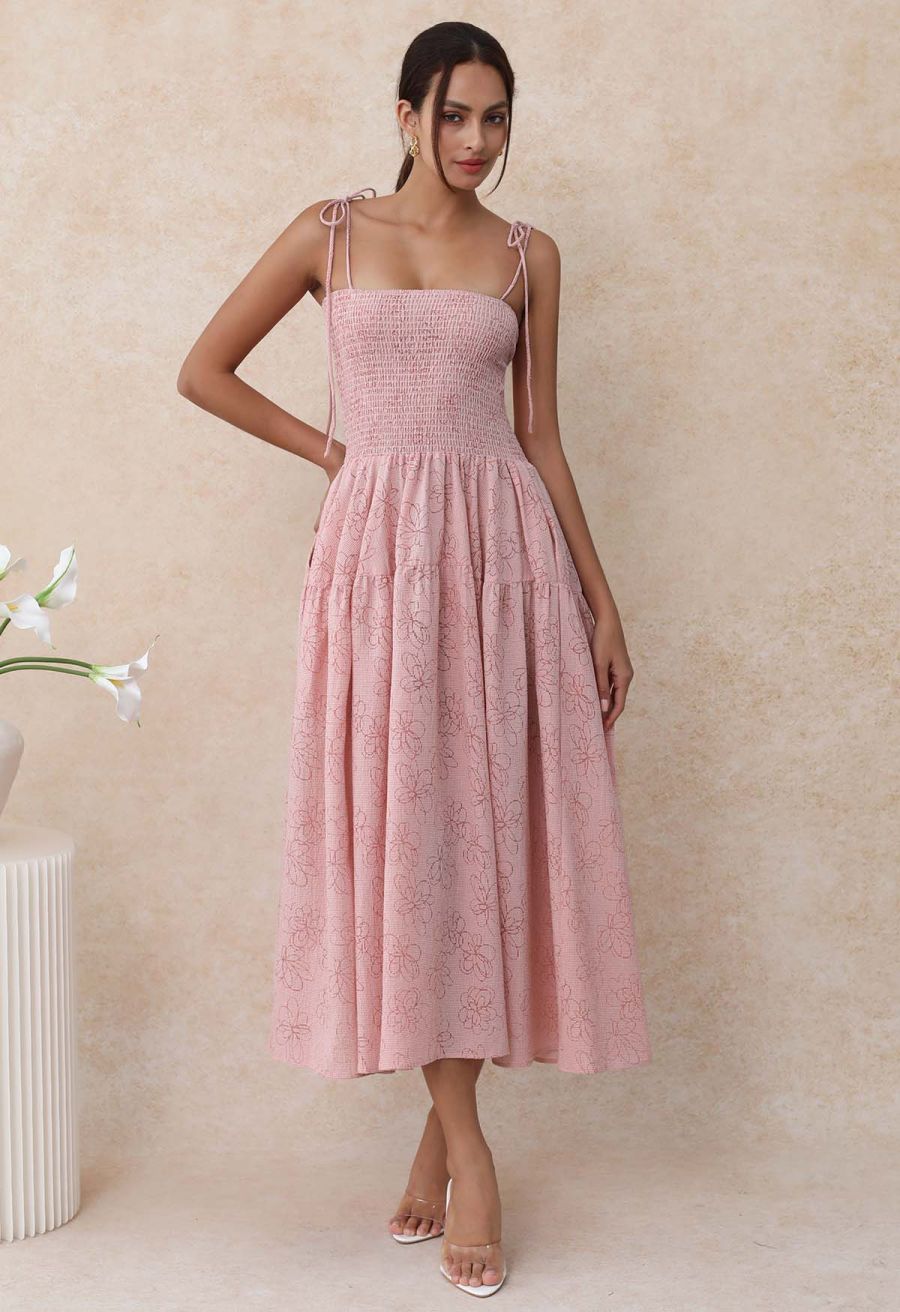 Flower Eyelet Gingham Shirred Cami Dress in Pink