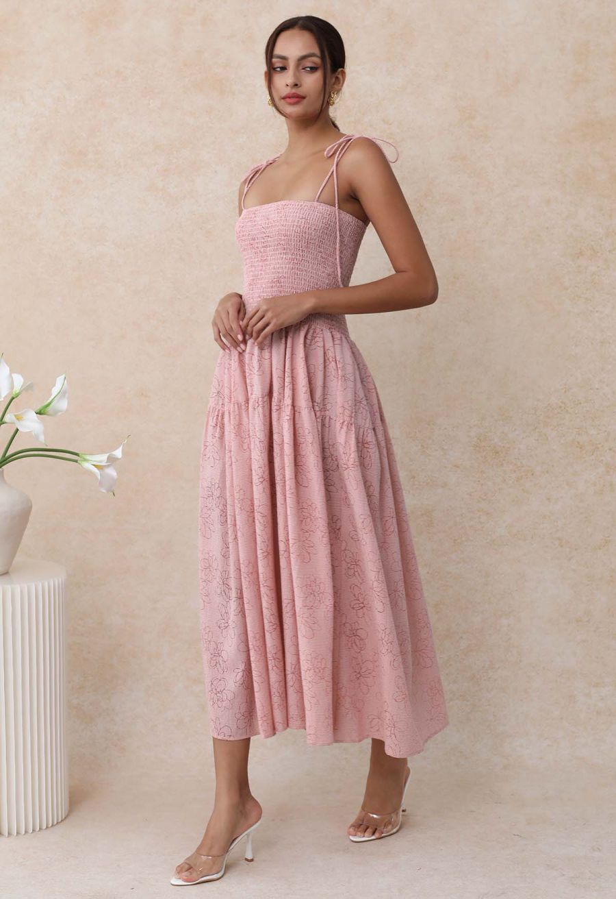 Flower Eyelet Gingham Shirred Cami Dress in Pink