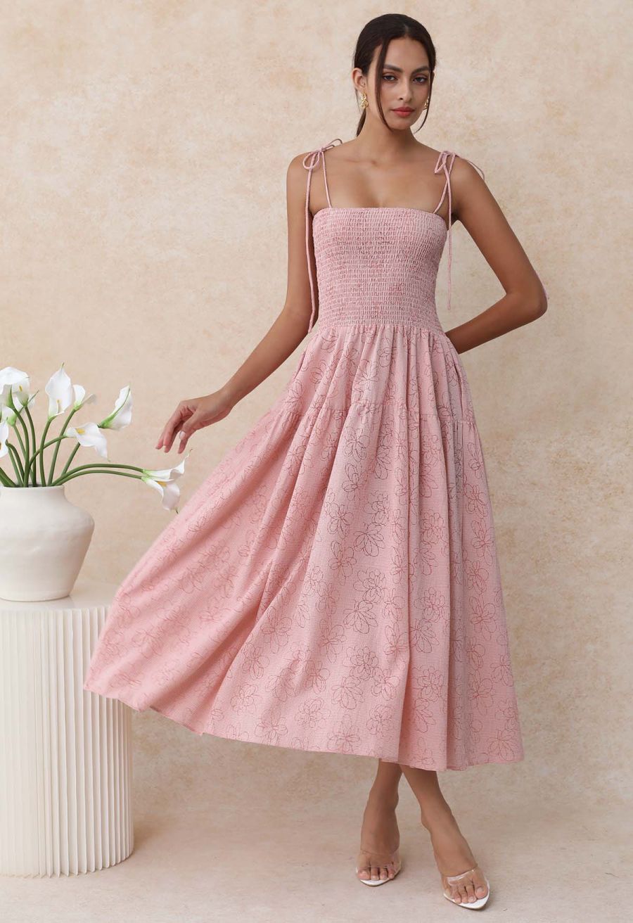Flower Eyelet Gingham Shirred Cami Dress in Pink