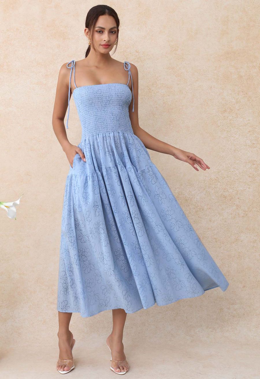 Flower Eyelet Gingham Shirred Cami Dress in Light Blue